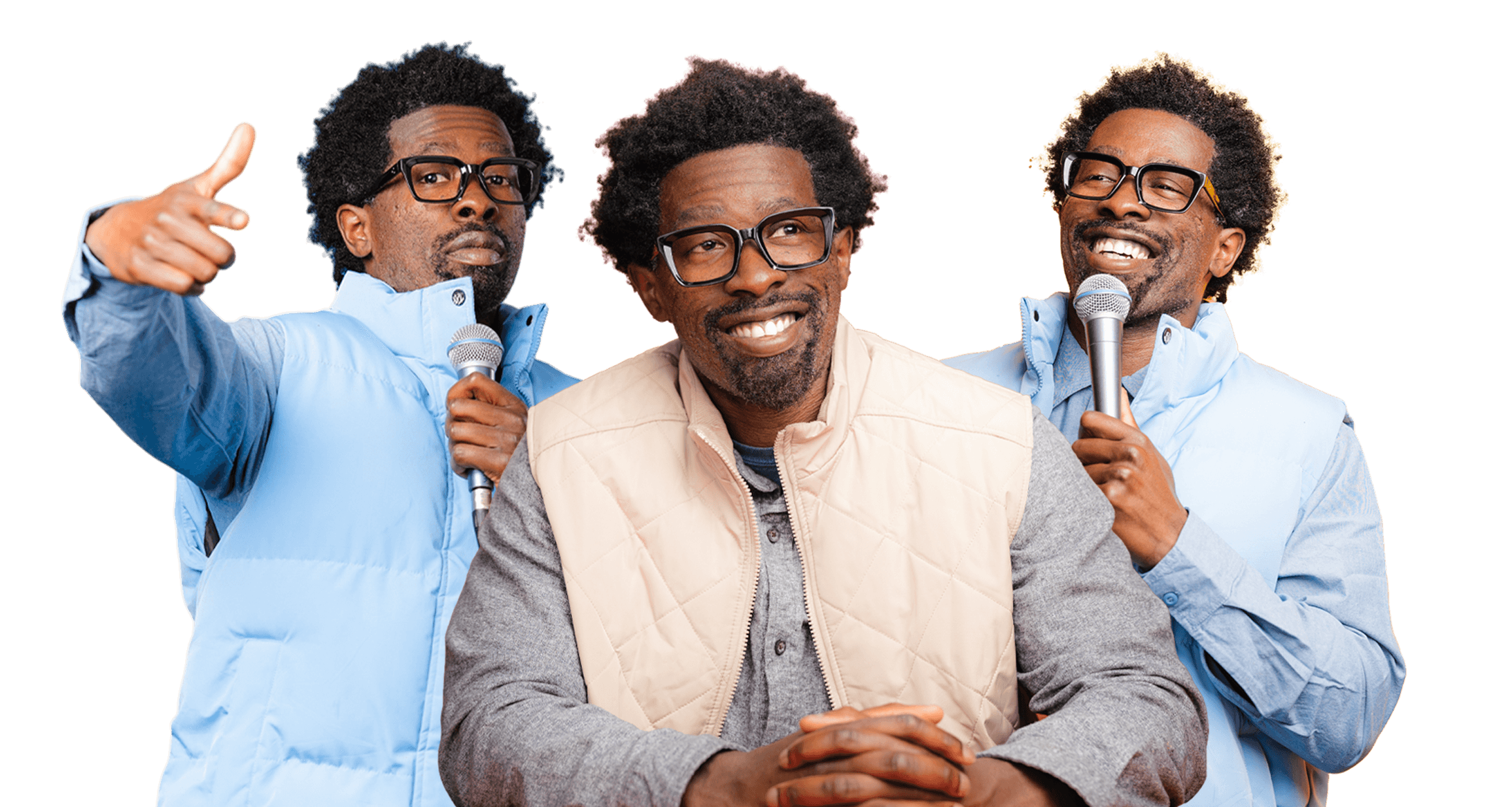 Three poses of Stroy Moyd holding a microphone.